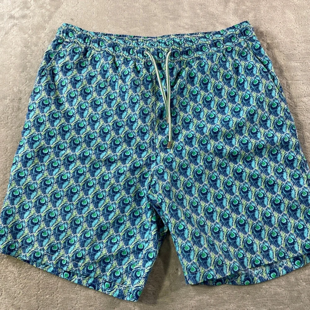 Peter Millar Swim Trunks Mens Medium Blue Green Peacock Feather Lined Summer